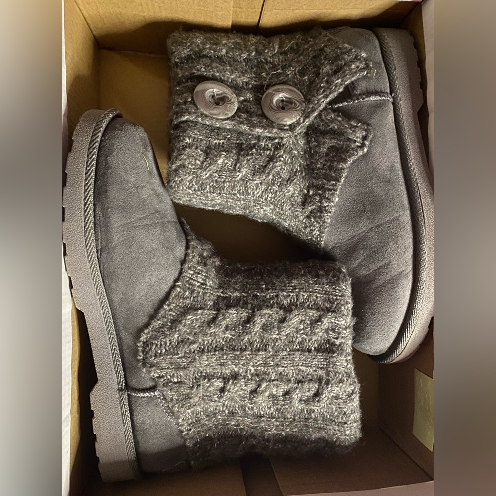 Gray fluffy nit ankle boots